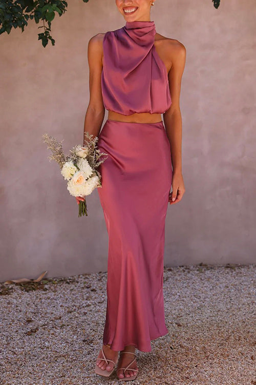 Rosiedress Turtleneck Sleeveless Crop Top High Waist Maxi Skirt Satin Set HotPink