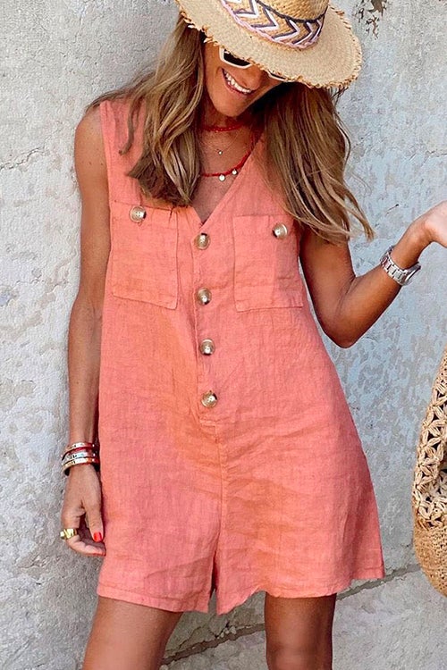 Rosiedress V Neck Buttons Wide Leg Tank Romper Pink