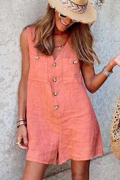V Neck Buttons Wide Leg Tank Romper Pink