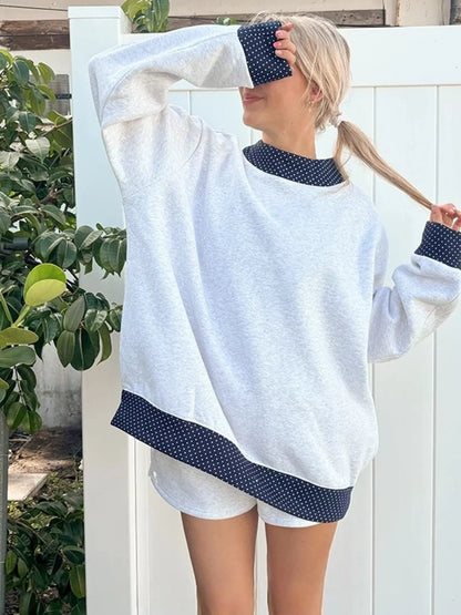 Polka Dot Contrast Trim Dropped Shoulder Sweatshirt