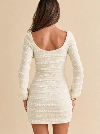 Textured Long-Sleeve Bodycon Mini Dress with Tie-Front