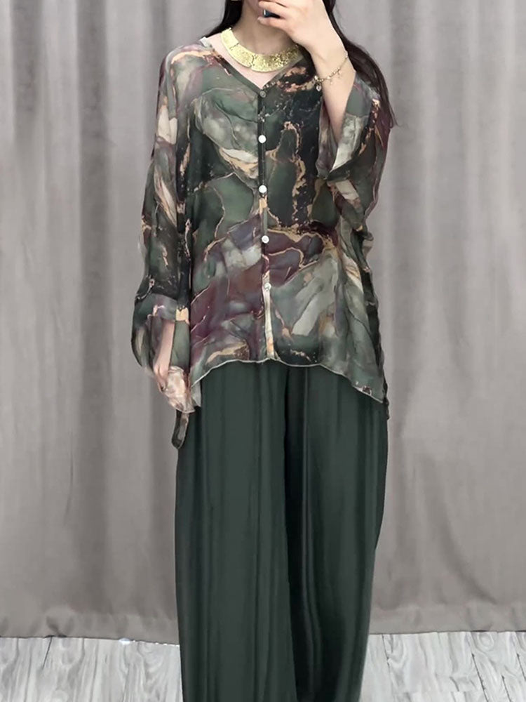 Baroque Style Printed Shirt Wide-leg Pant Suit