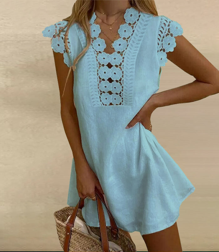 Chic Lace Trim Patchwork Mini Dress