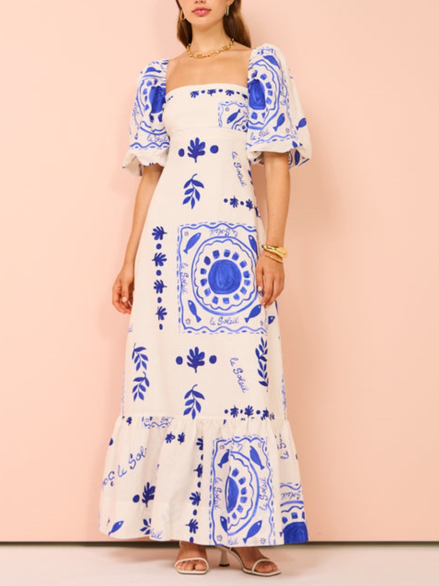 Elegant Blue Graffiti Bishop Sleeve Maxi Dress