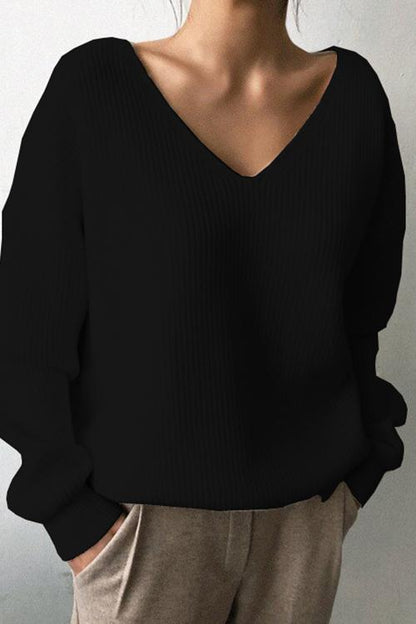 Solid V Neck Irregular Hem Knit Pullovers Black OneSize