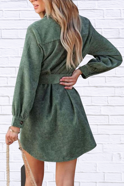 Button Front Belt Long Sleeve Corduroy Dress