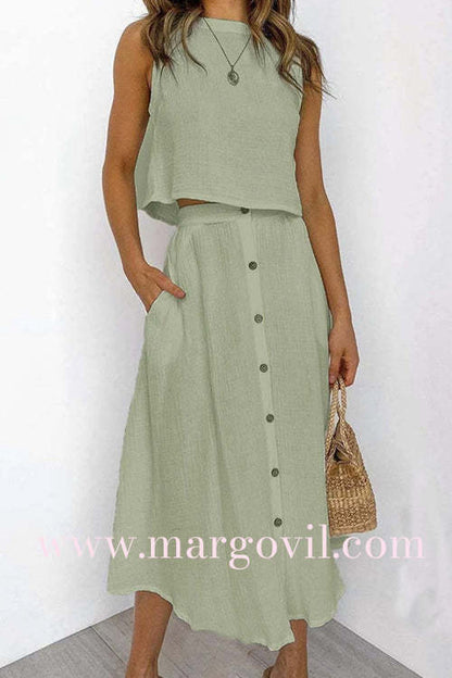 Sleeveless Crop Top and Button Down Skirt Cotton Linen Two Pieces