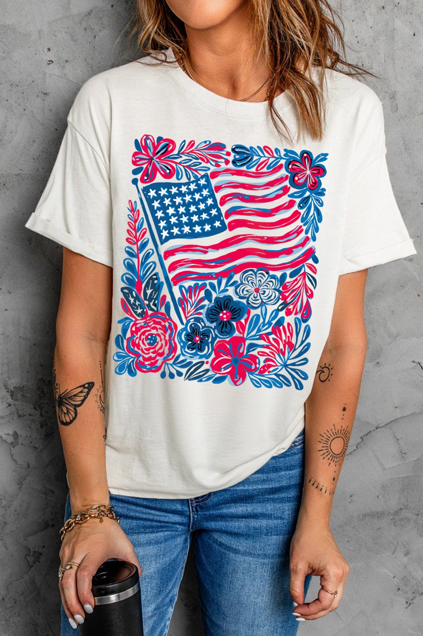 White Floral Flag Aesthetics Patriotic Graphic T Shirt