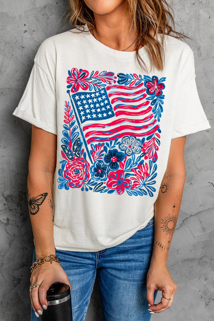 White Floral Flag Aesthetics Patriotic Graphic T Shirt