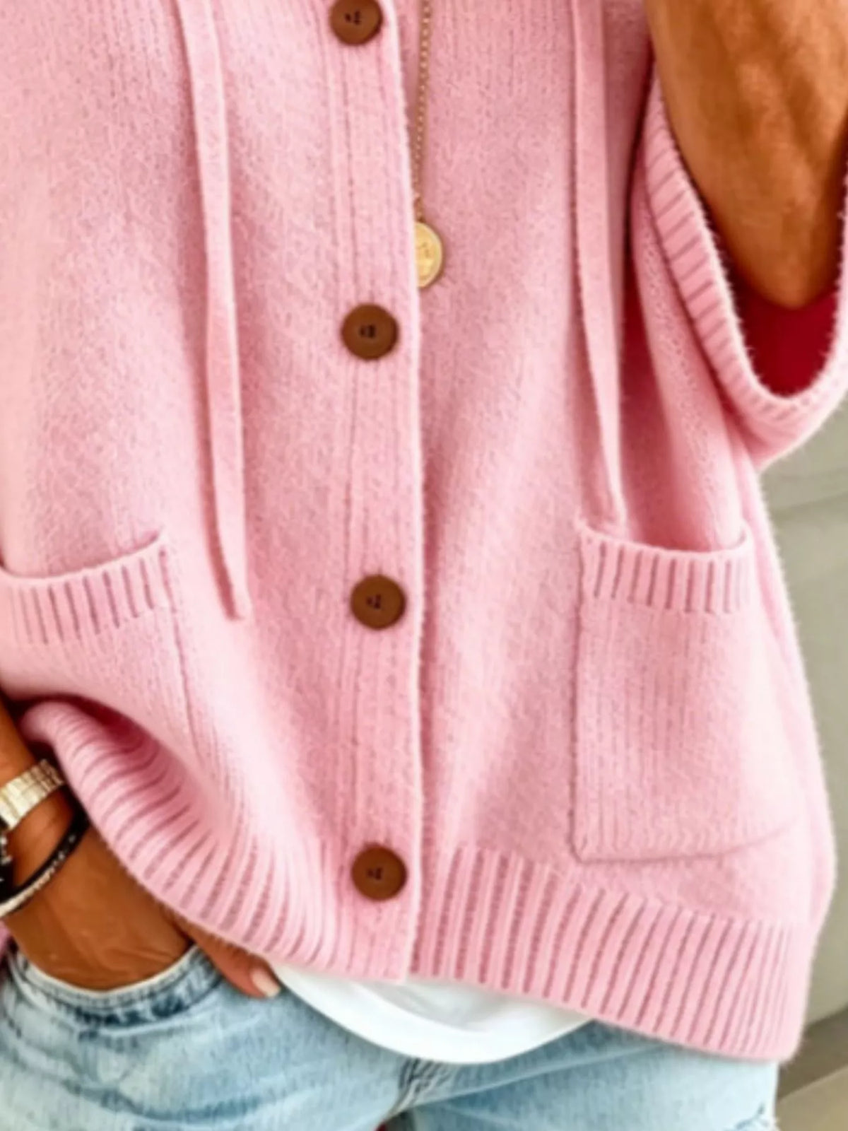 Full Size Casual Hooded Button-Down Knit Cardigan with Pockets Plus Size