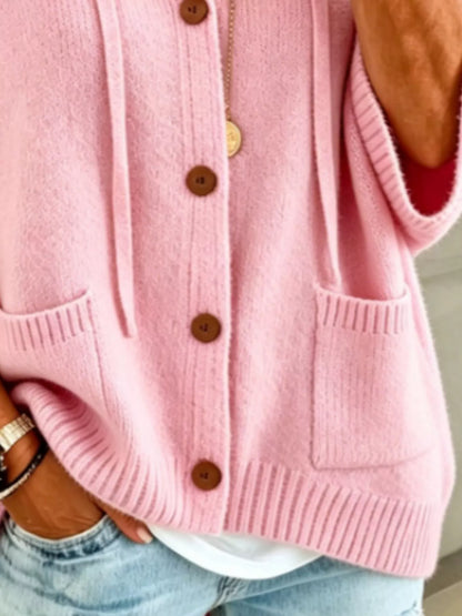 Full Size Casual Hooded Button-Down Knit Cardigan with Pockets Plus Size