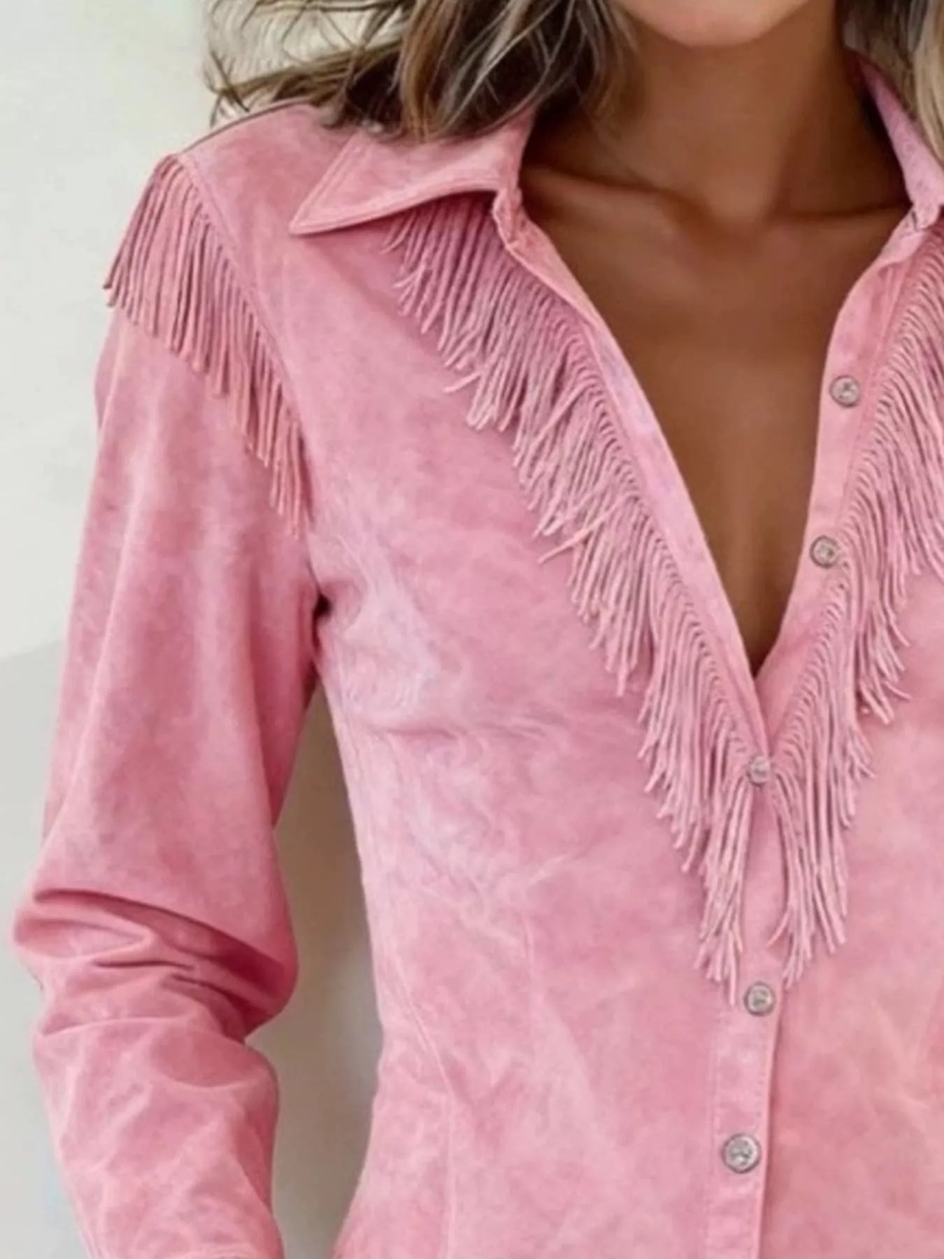 Fringed Button Up Long Sleeve Shirt
