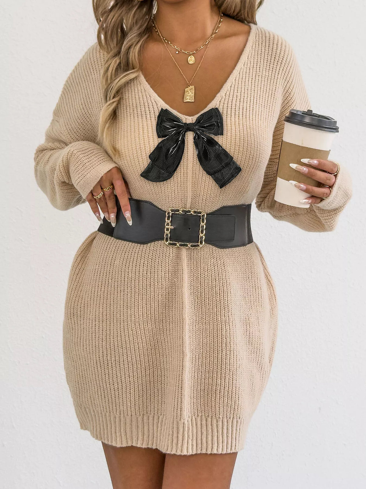 Bow Ribbed Knit Sweater Dress
