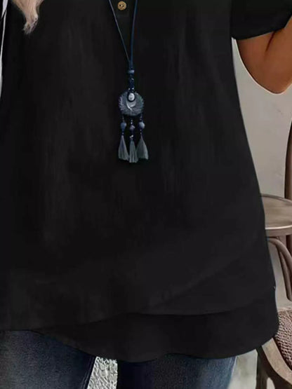 Notched Short Sleeve Blouse