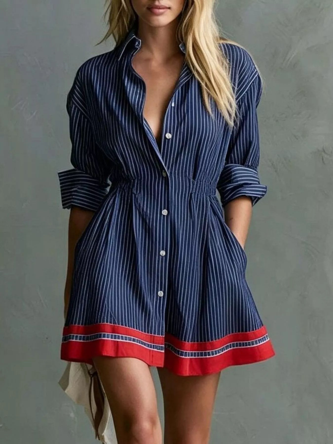 Striped Button-Down Shirt Dress with Contrast Hem