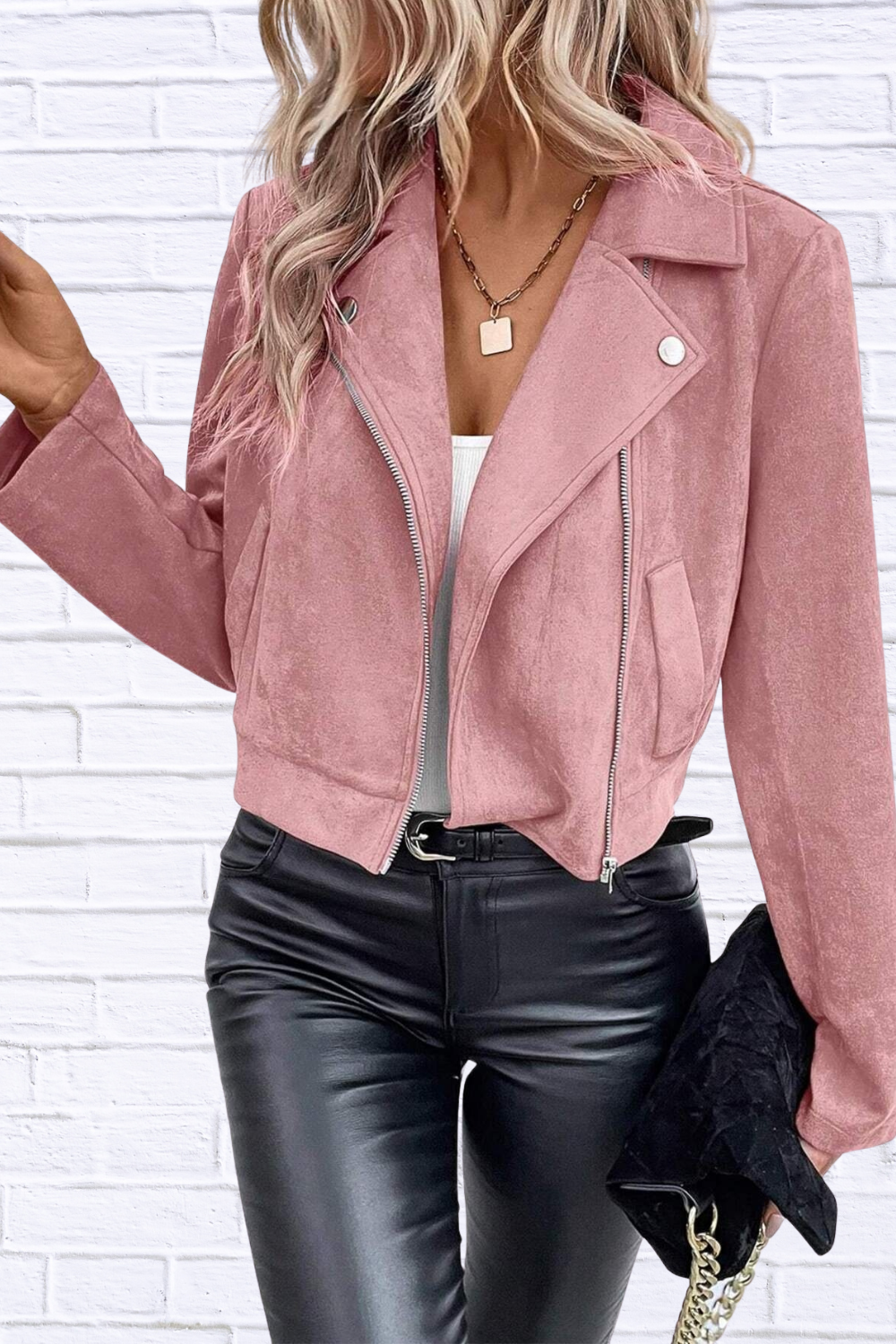 Zip Up Suede Cropped Moto Jacket