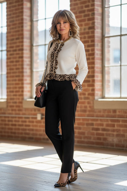 Leopard Trim Ruffle Cardigan – Buttoned Contrast Ruffle & Chic Stretch Fit
