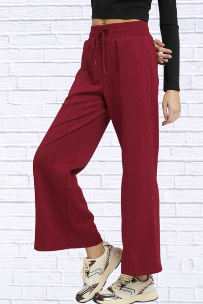 Burgundy Cable Knit Textured Wide Leg Pants