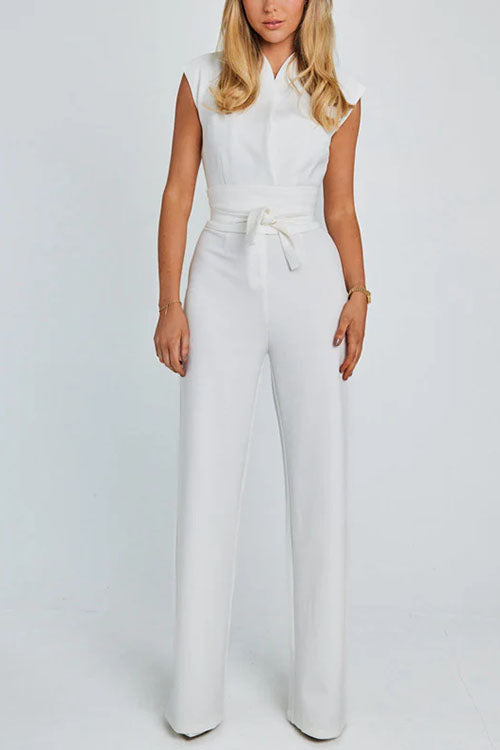 Chic Cap Sleeves Tie Waist Wide Leg Jumpsuit White