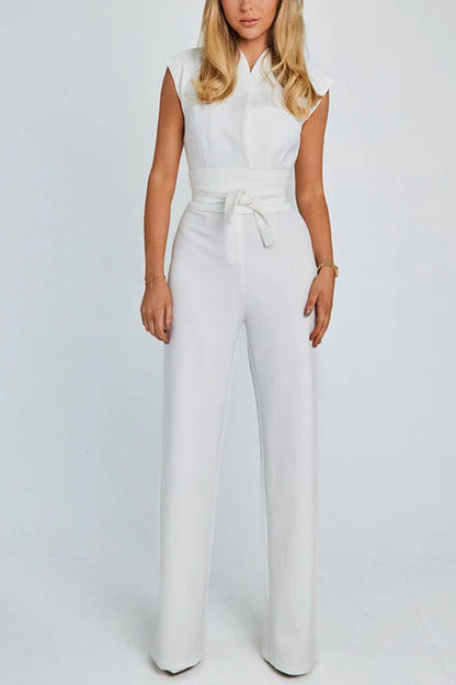 Rosiedress Chic Cap Sleeves Tie Waist Wide Leg Jumpsuit White