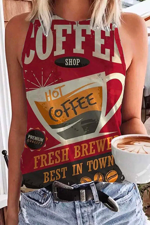 Rosiedress Cute Crewneck Graphic Printed Tank Top Coffee