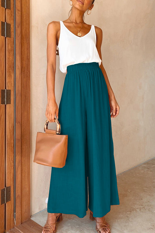 Elastic Waist Wide Leg Palazzo Pants Peacock Blue