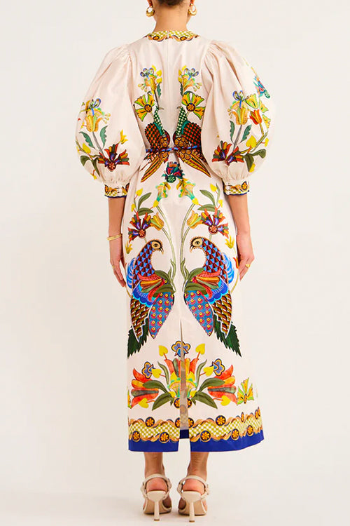 Rosiedress 3/4 Puff Sleeves Back Slit Birdie Printed Maxi Dress