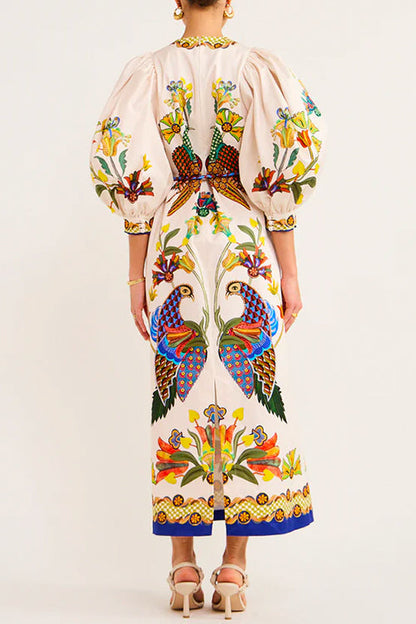 Rosiedress 3/4 Puff Sleeves Back Slit Birdie Printed Maxi Dress