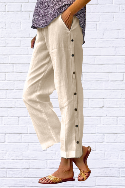 Full Size Side Decor Button Casual Wide Leg Pants Plus Size