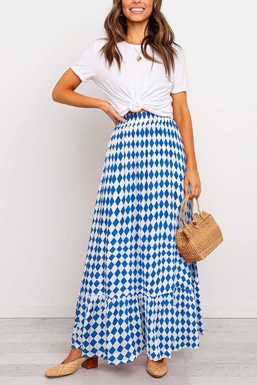 Rosiedress High Waist Bohemia Printed Maxi Ruffle Beach Skirt Blue