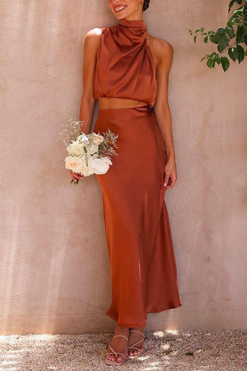 Turtleneck Sleeveless Crop Top High Waist Maxi Skirt Satin Set Coffee