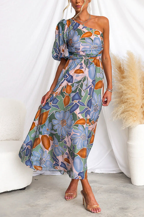 One Shoulder Waisted Floral Printed Maxi Flowy Dress Floral