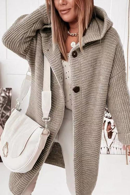 Solid Drop Shoulder Hoodied Knitting Cardigan Khaki