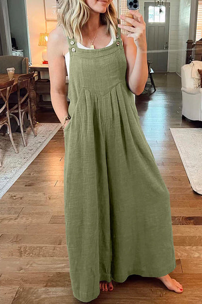 Buttons Pockets Wide Leg Palazzo Overalls ArmyGreen