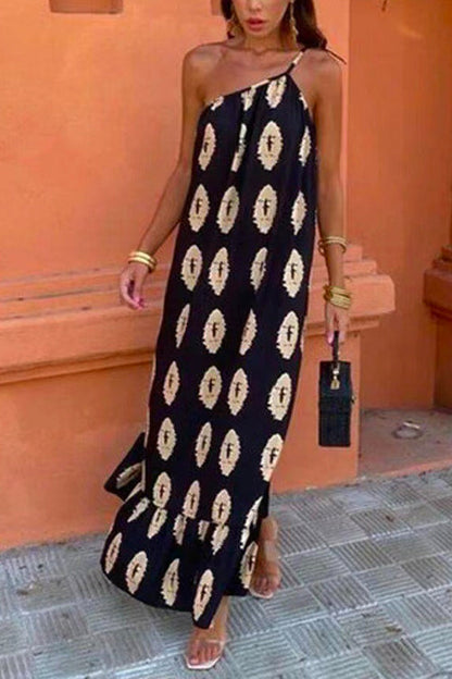 Rosiedress Tie Knot One Shoulder Boho Printed Maxi Vacation Dress