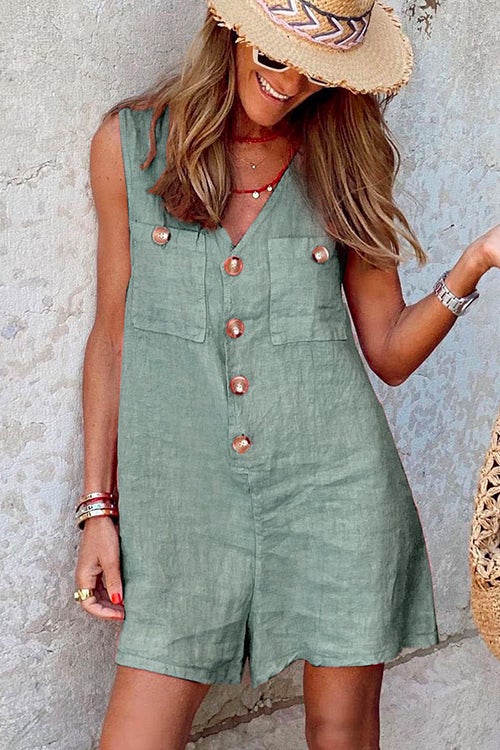 V Neck Buttons Wide Leg Tank Romper Blue