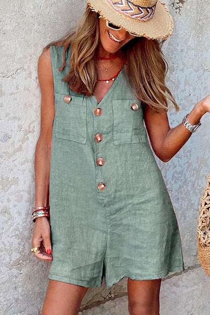 V Neck Buttons Wide Leg Tank Romper Blue