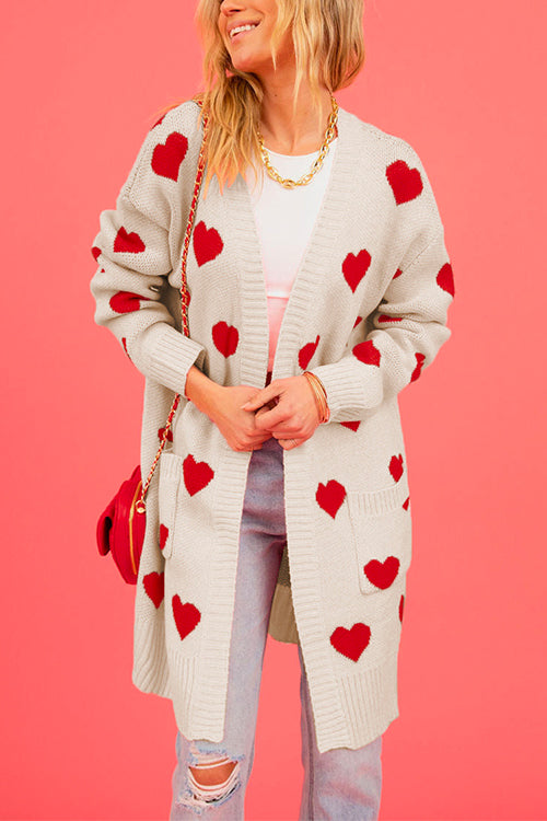 Open Front Pocketed Valentines Date Heart Print Cardigan Apricot