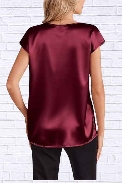Satin V-Neck Short Sleeve Blouse