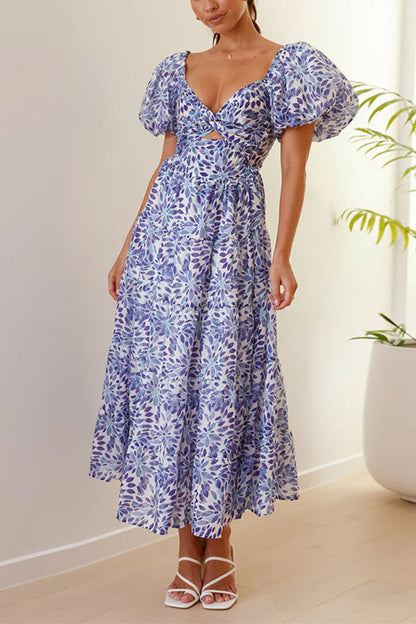 Rosiedress V Neck Twist Front Cut Out Waisted Floral Maxi Ruffle Dress