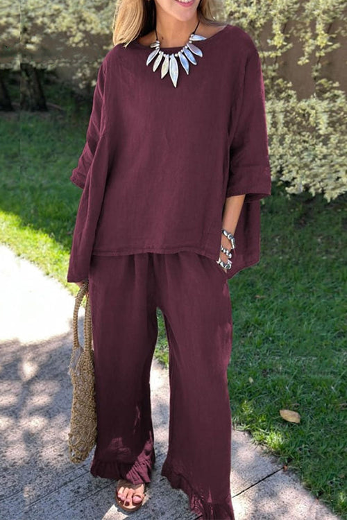 Cotton Linen 3/4 Sleeves Pullover Top Wide Leg Ruffle Hem Pants Set Burgundy