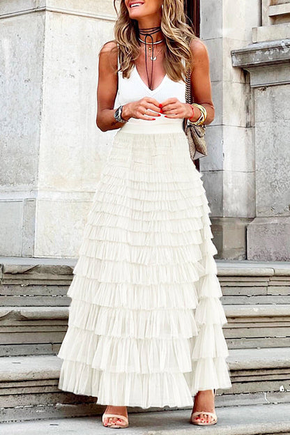 Ruffle Layered Mesh A-line Long Tulle Skirt White