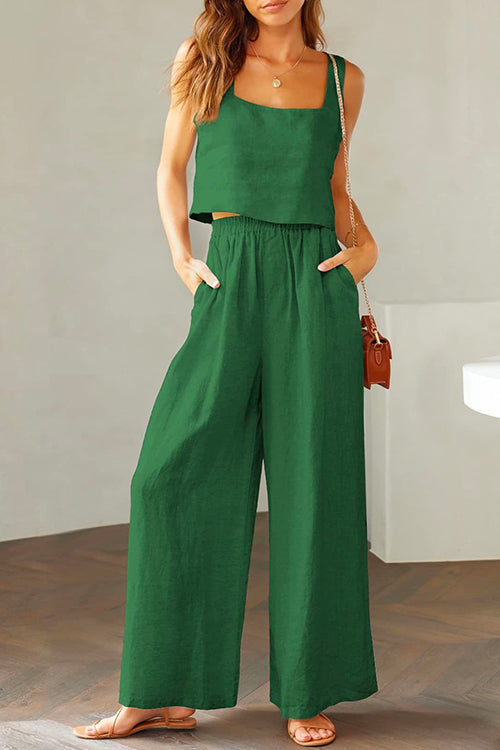 Rosiedress Square Collar Cami Crop Top Wide Leg Pants Cotton Linen Set Green