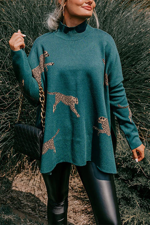 Rosiedress High Neck Side Slit Cheetah Pattern Sweater