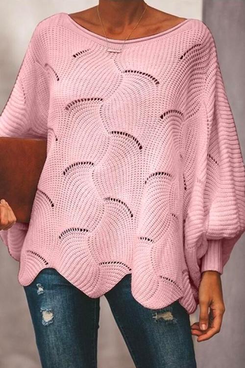 Solid Irregular Hem Lantern Sleeve Knit Sweater Pink