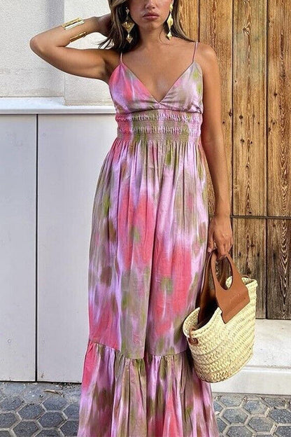 Rosiedress V Neck Open Back High Waist Tie Dye Maxi Vacation Dress