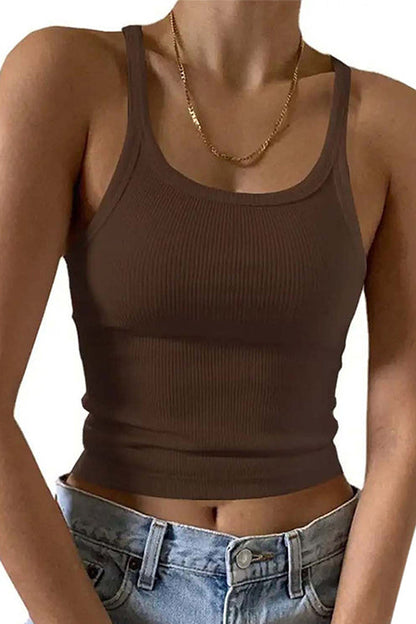 Rosiedress Stretchy Ribbed Knit Crop Cami Top Brown