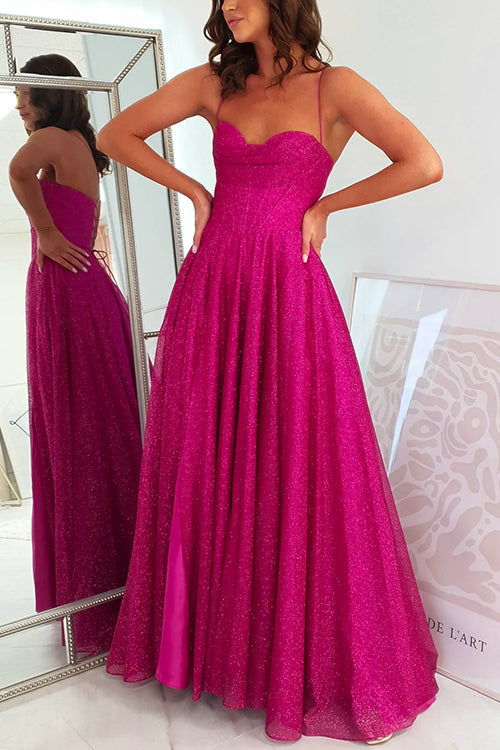 Rosiedress Lace Up Backless High Slit Corset Glitter Maxi Gown Dress