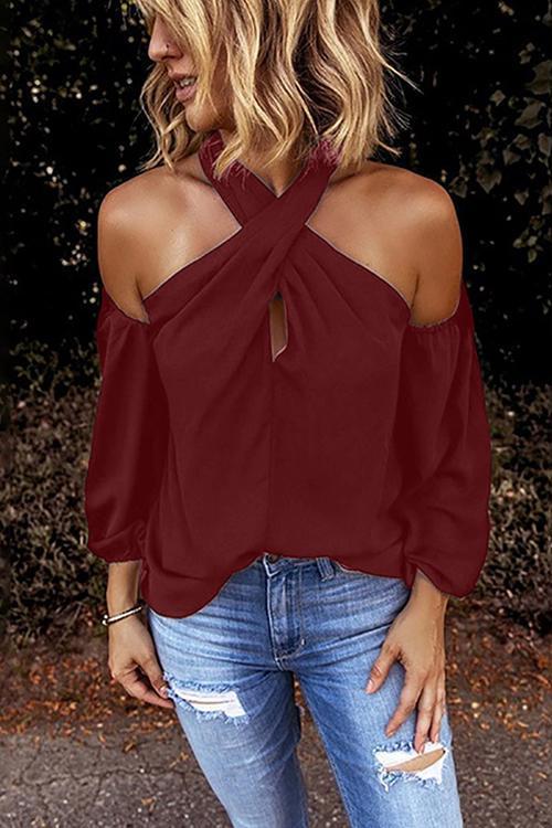 Rosiedress Criss Cross Halter Cold Shoulder Top Burgundy