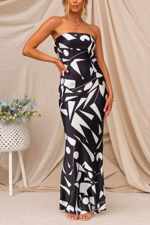 Geometric Printed Tube Top Maxi Party Dress Black